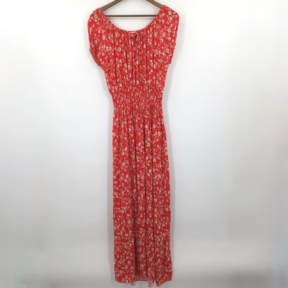 Kindred Floral Smocked Waist Maxi Dress Womens 1X Red Cottage Peasant Feminine